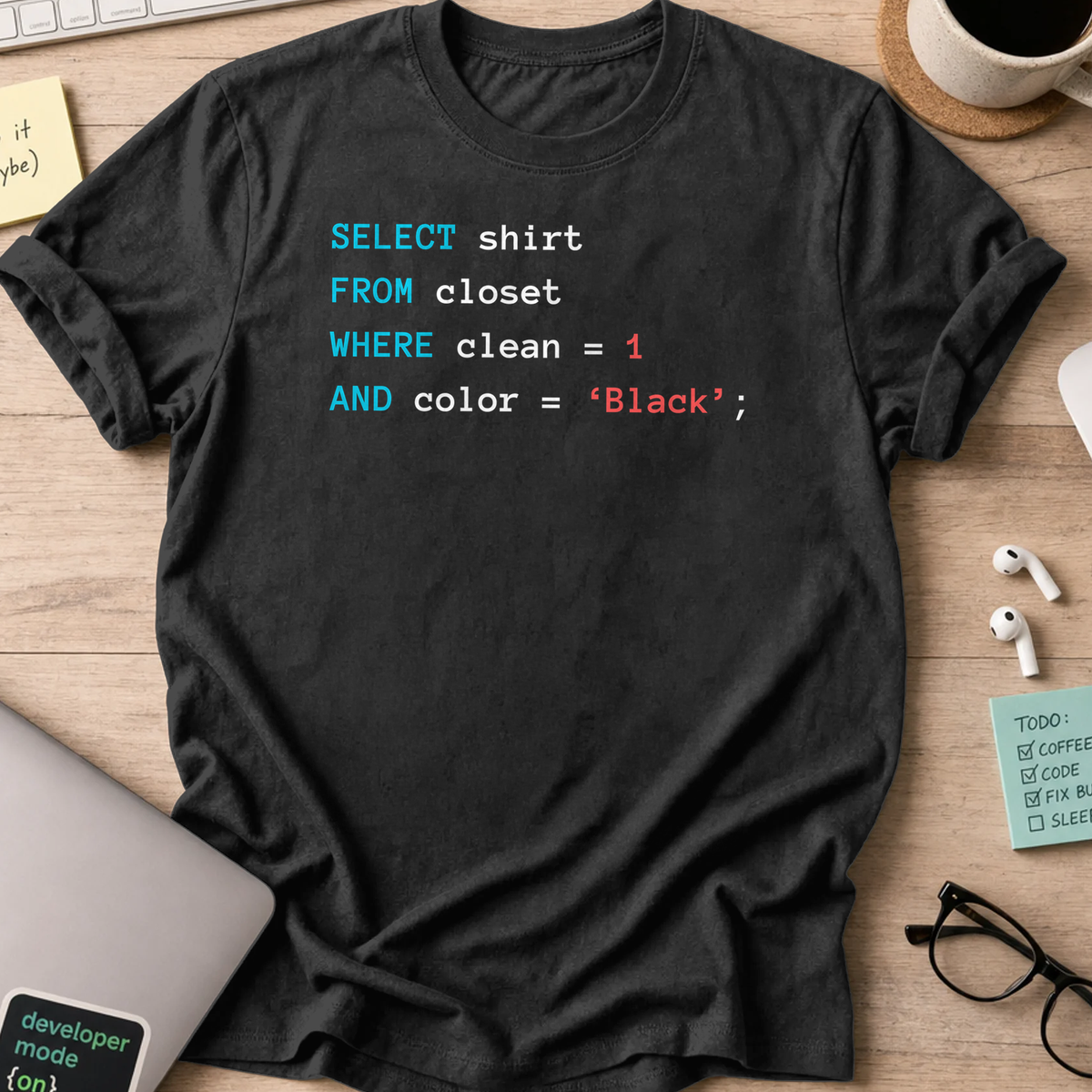 Black programmer shirt printed with "Querying my black", a funny developer t-shirt and coding gift for software engineers and coders.