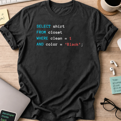 Black programmer shirt printed with "Querying my black", a funny developer t-shirt and coding gift for software engineers and coders.