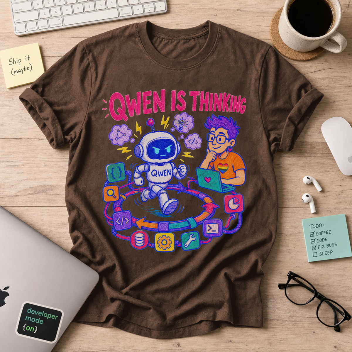 Qwen Is Thinking Shirt — Dark Chocolate