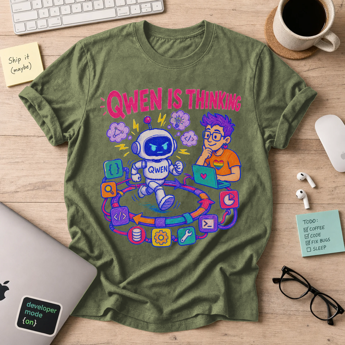 Qwen Is Thinking Shirt — Military Green