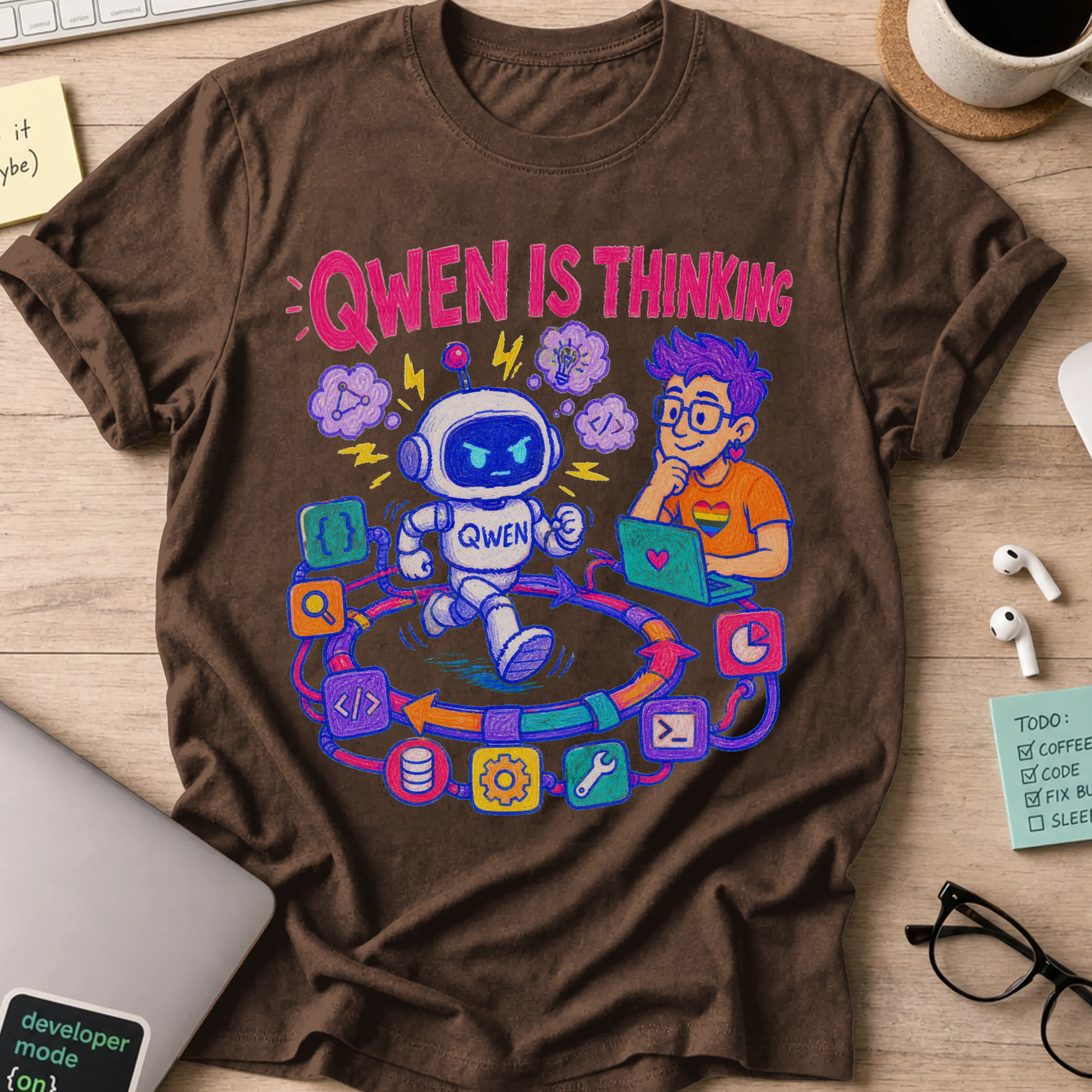 Qwen Is Thinking Shirt — Dark Chocolate storefront mockup