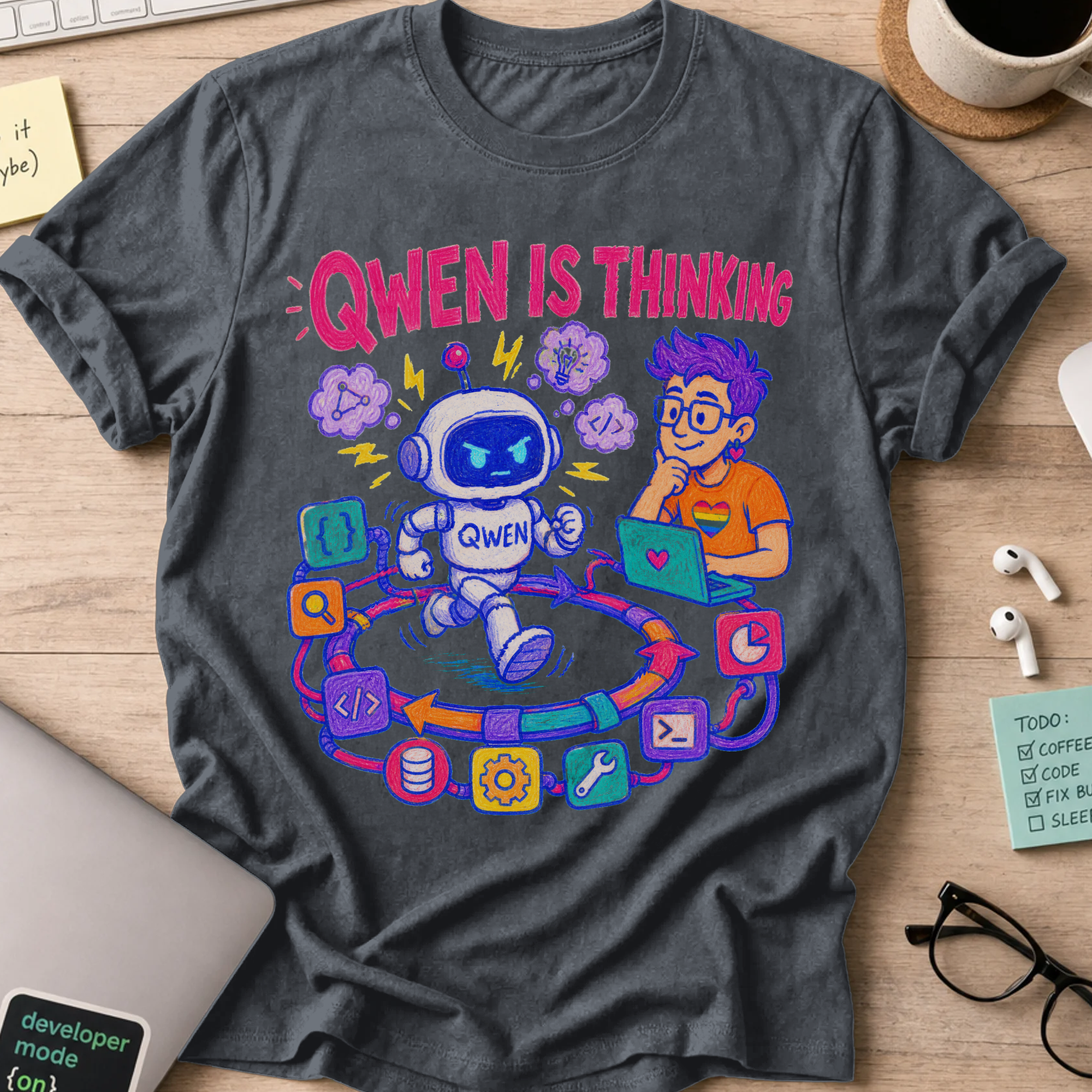 Qwen Is Thinking Shirt — Dark Heather storefront mockup