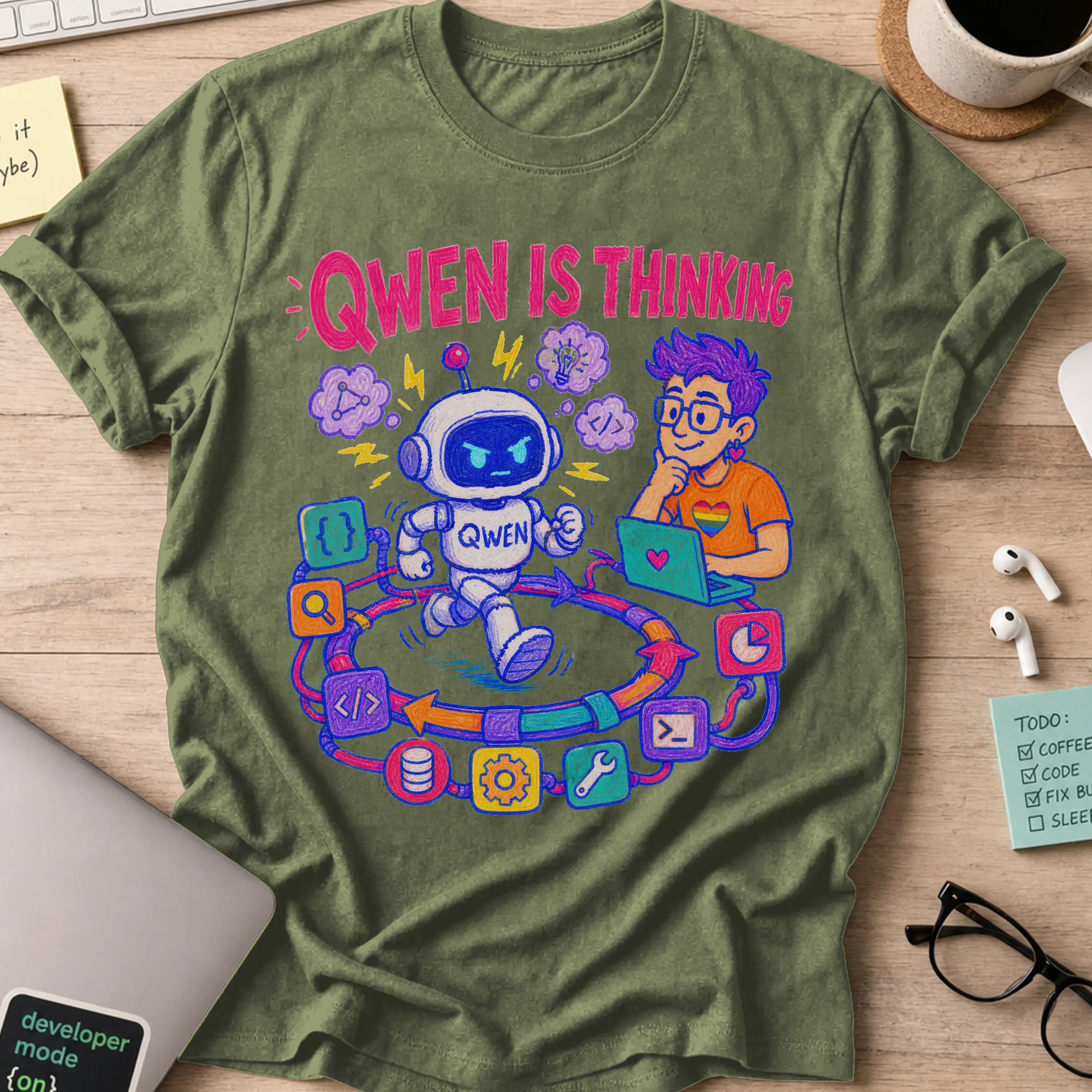 Qwen Is Thinking Shirt — Military Green storefront mockup