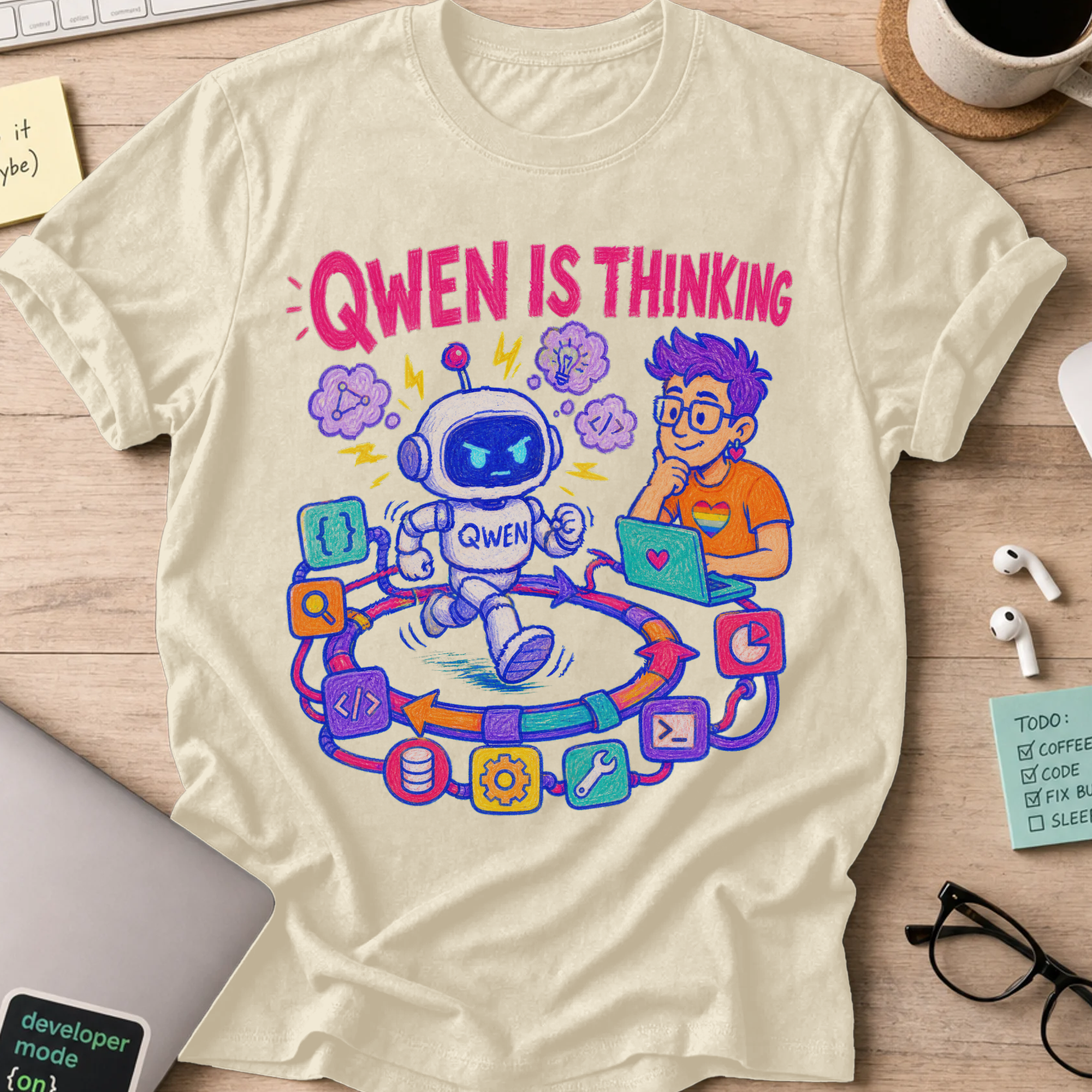 Qwen Is Thinking Shirt — Natural storefront mockup