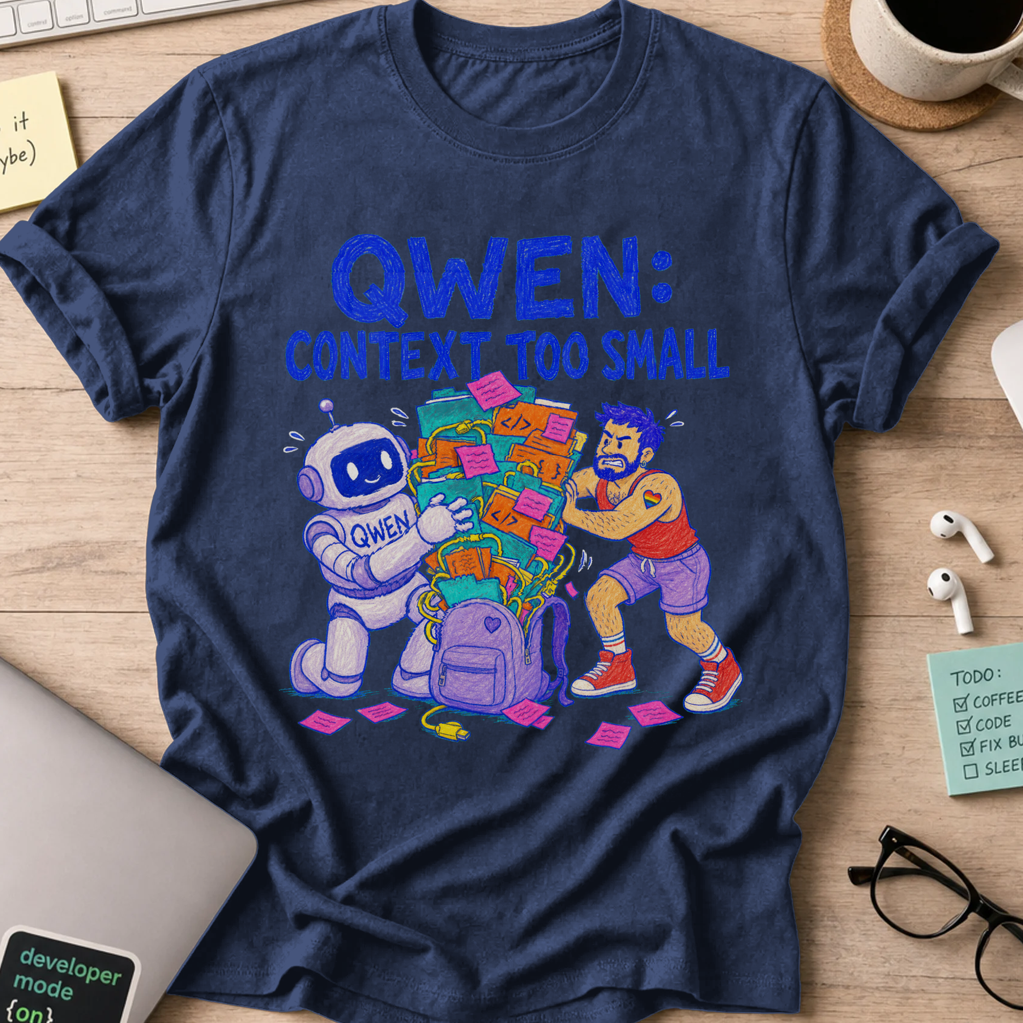 Qwen: Context Too Small Shirt — Navy storefront mockup