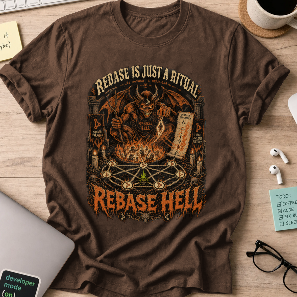 Rebase Hell Shirt — Dark Chocolate storefront mockup