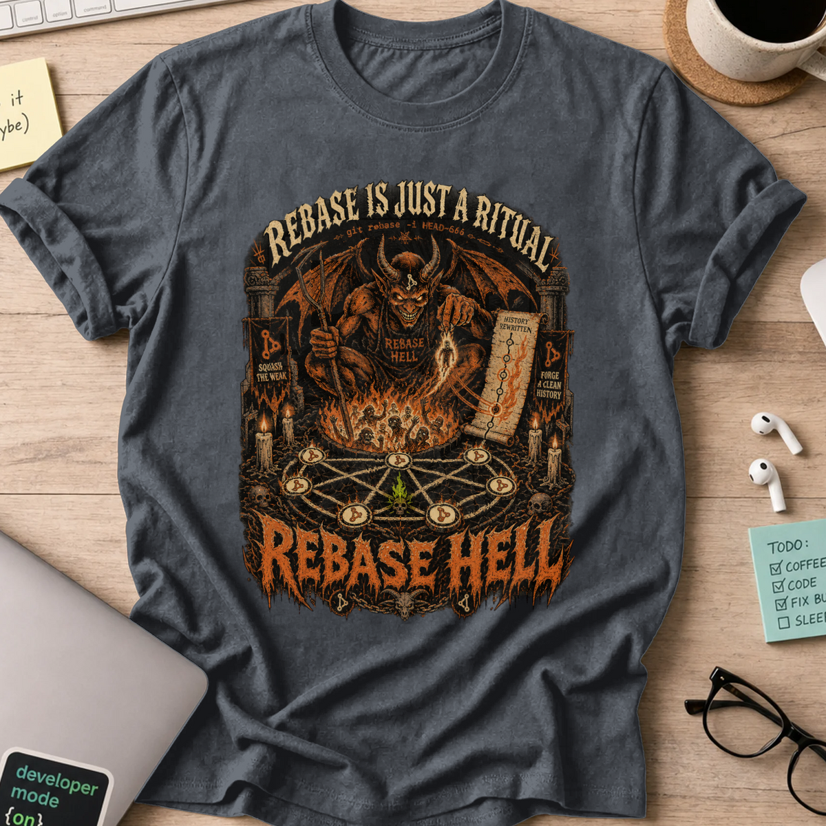 Rebase Hell Shirt — Dark Heather storefront mockup