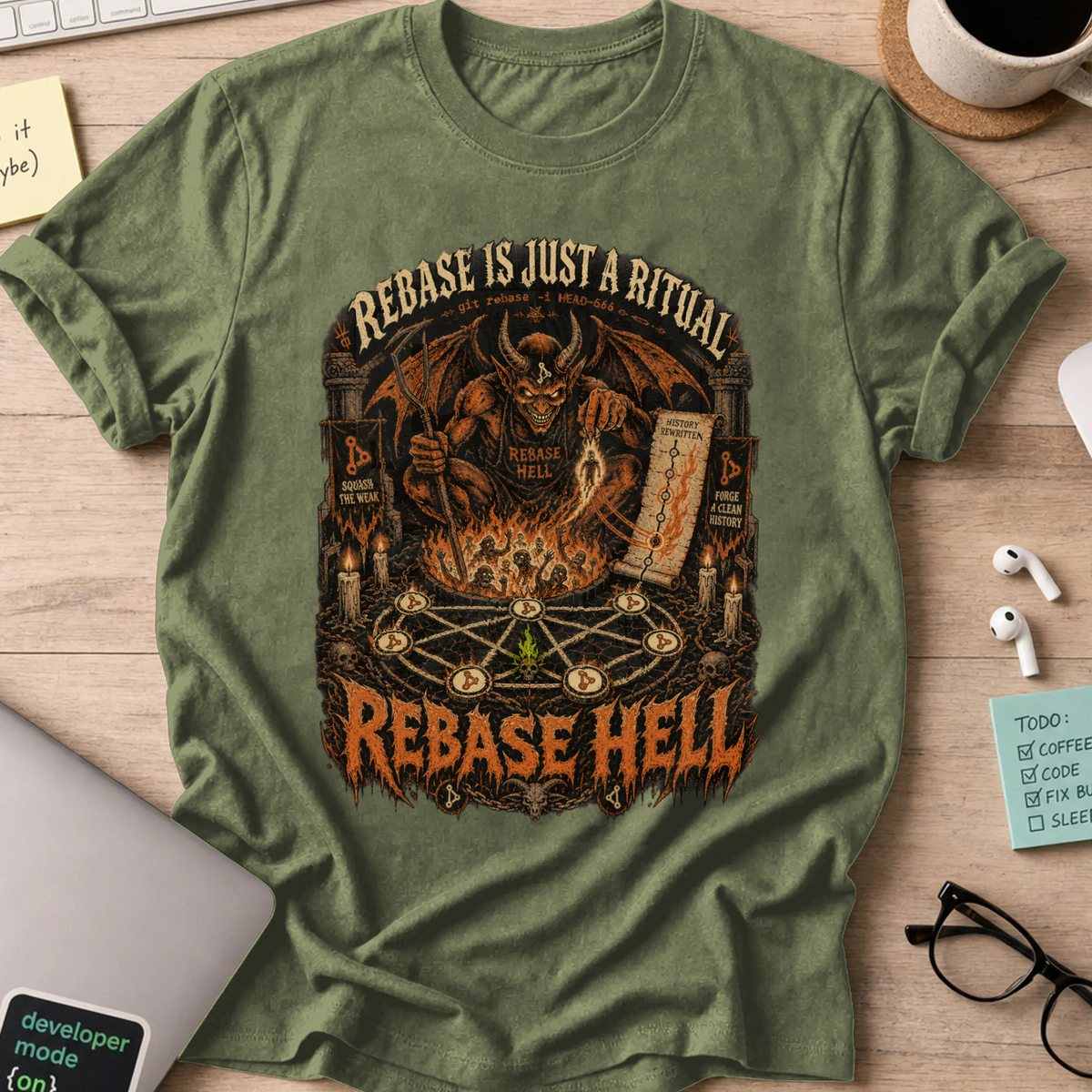 Rebase Hell Shirt — Military Green storefront mockup