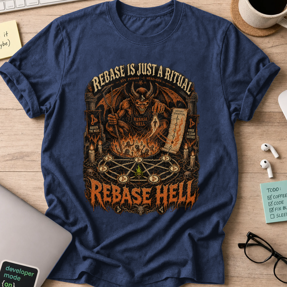 Rebase Hell Shirt — Navy storefront mockup