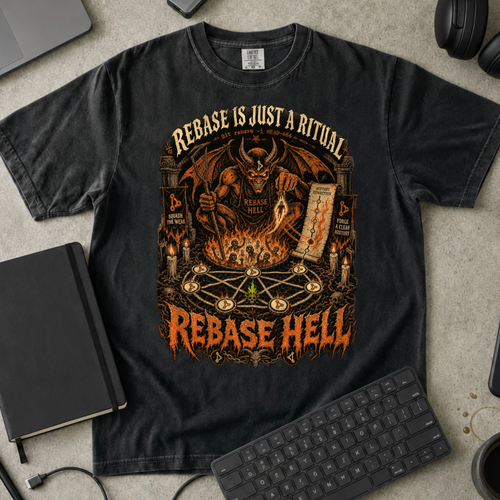 Rebase Hell Shirt — Black Comfort Colors 1717 flat lay