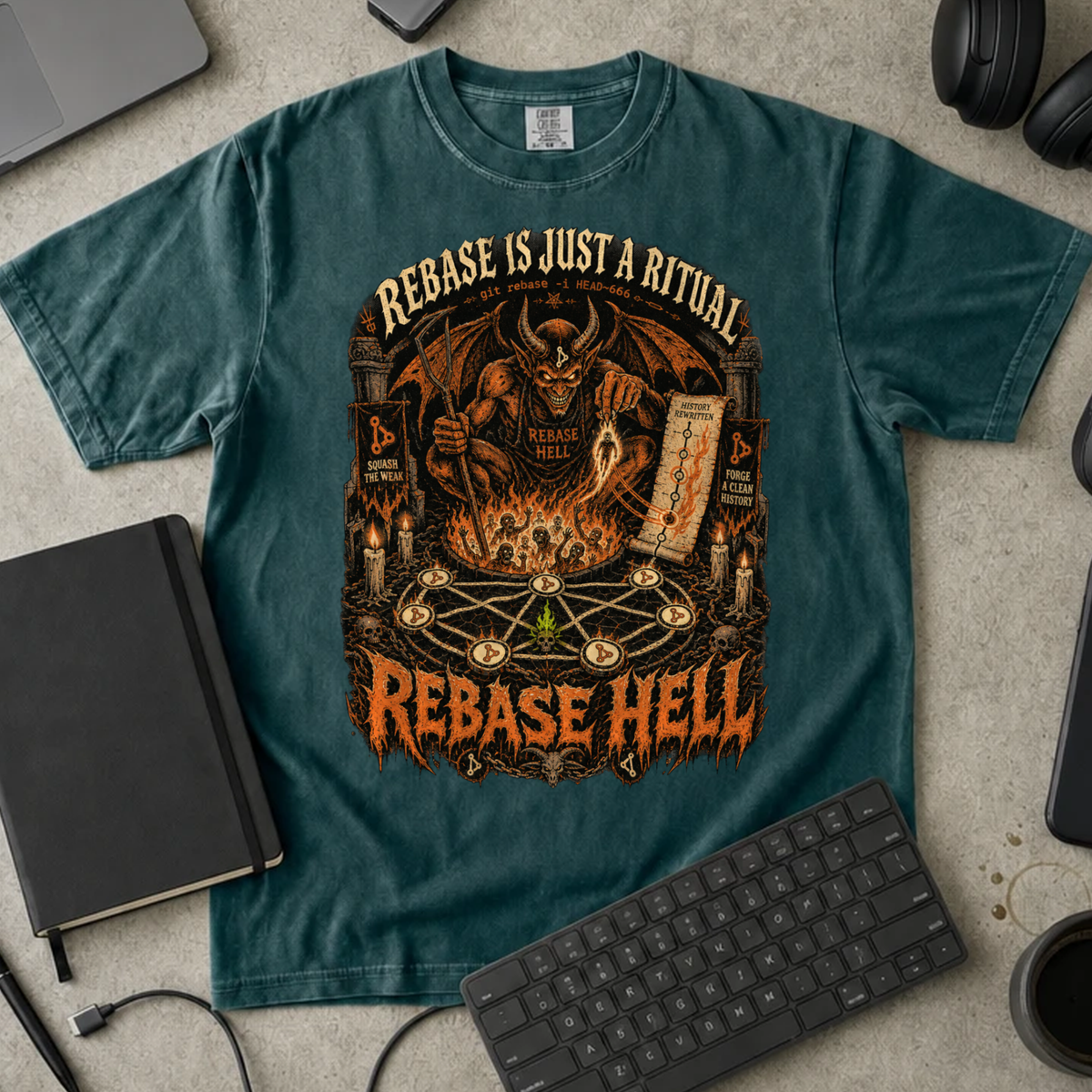 Rebase Hell Shirt — Blue Spruce Comfort Colors 1717 flat lay