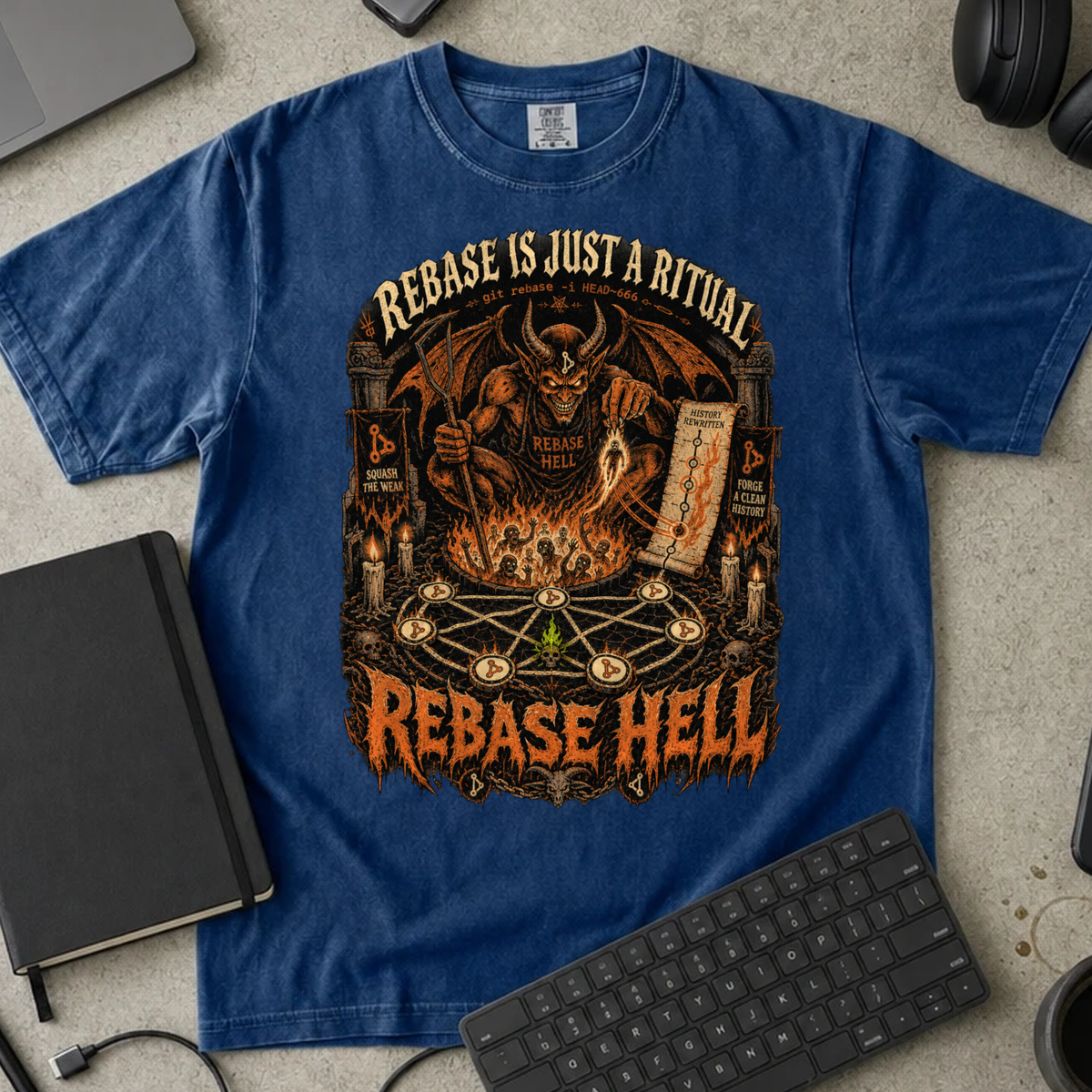 Rebase Hell Shirt — True Navy Comfort Colors 1717 flat lay