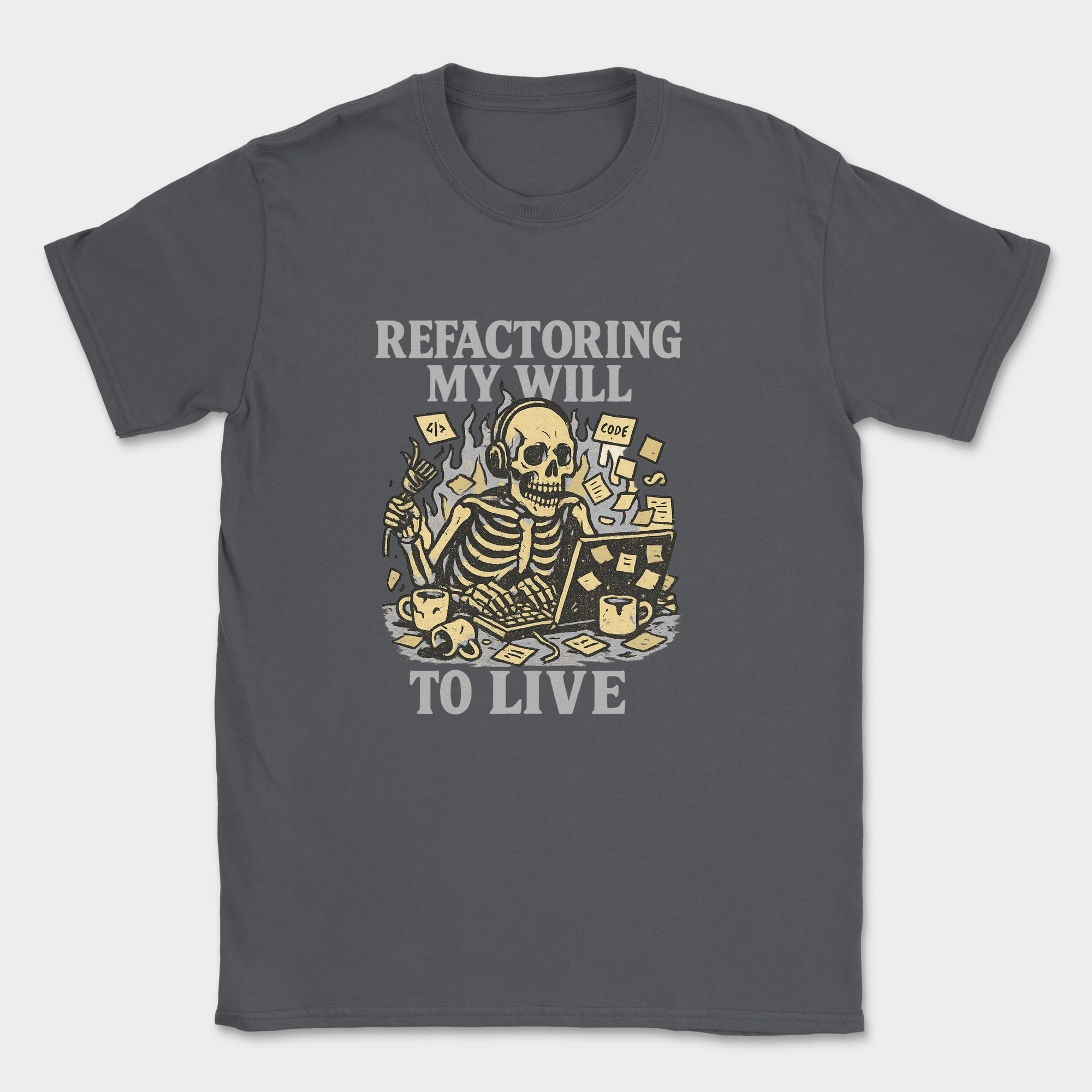 refactoring my will to live skeleton shirt — Dark Heather Grey