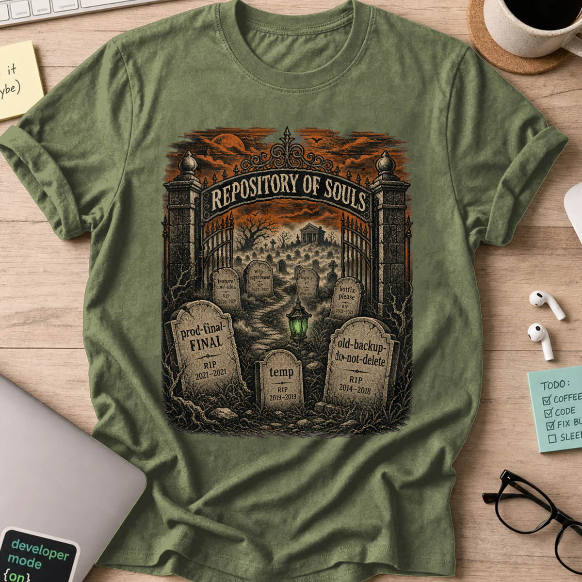 Repository of Souls Shirt — Military Green storefront mockup