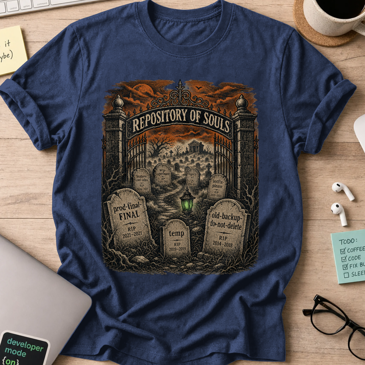 Repository of Souls Shirt — Navy storefront mockup