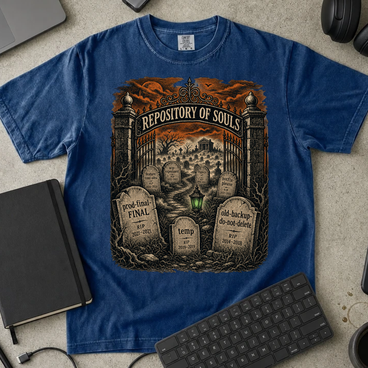Repository of Souls Shirt — True Navy Comfort Colors 1717 flat lay