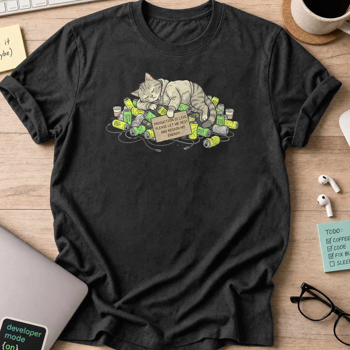 resting cat engineer shirt - Black