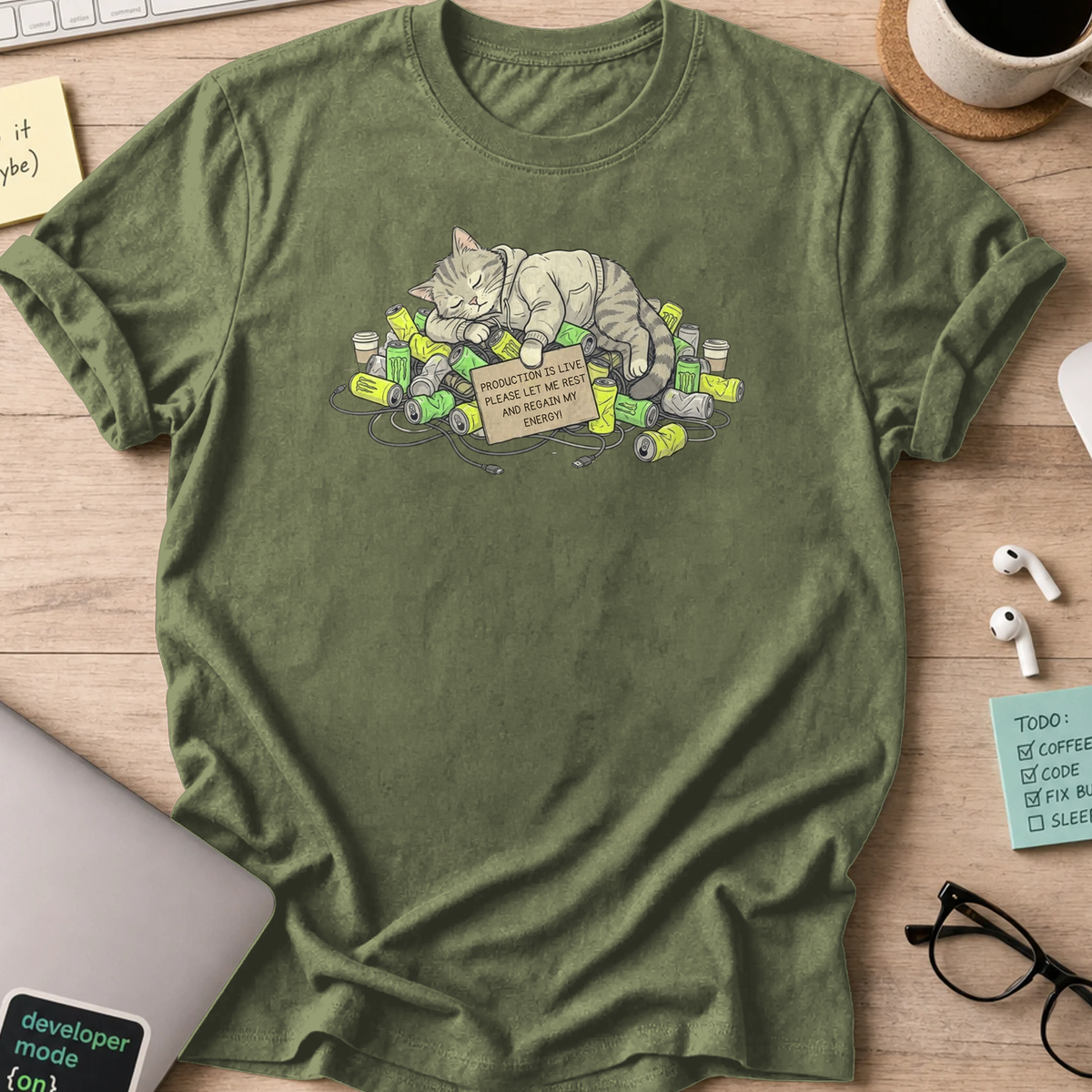 resting cat engineer shirt - Military Green