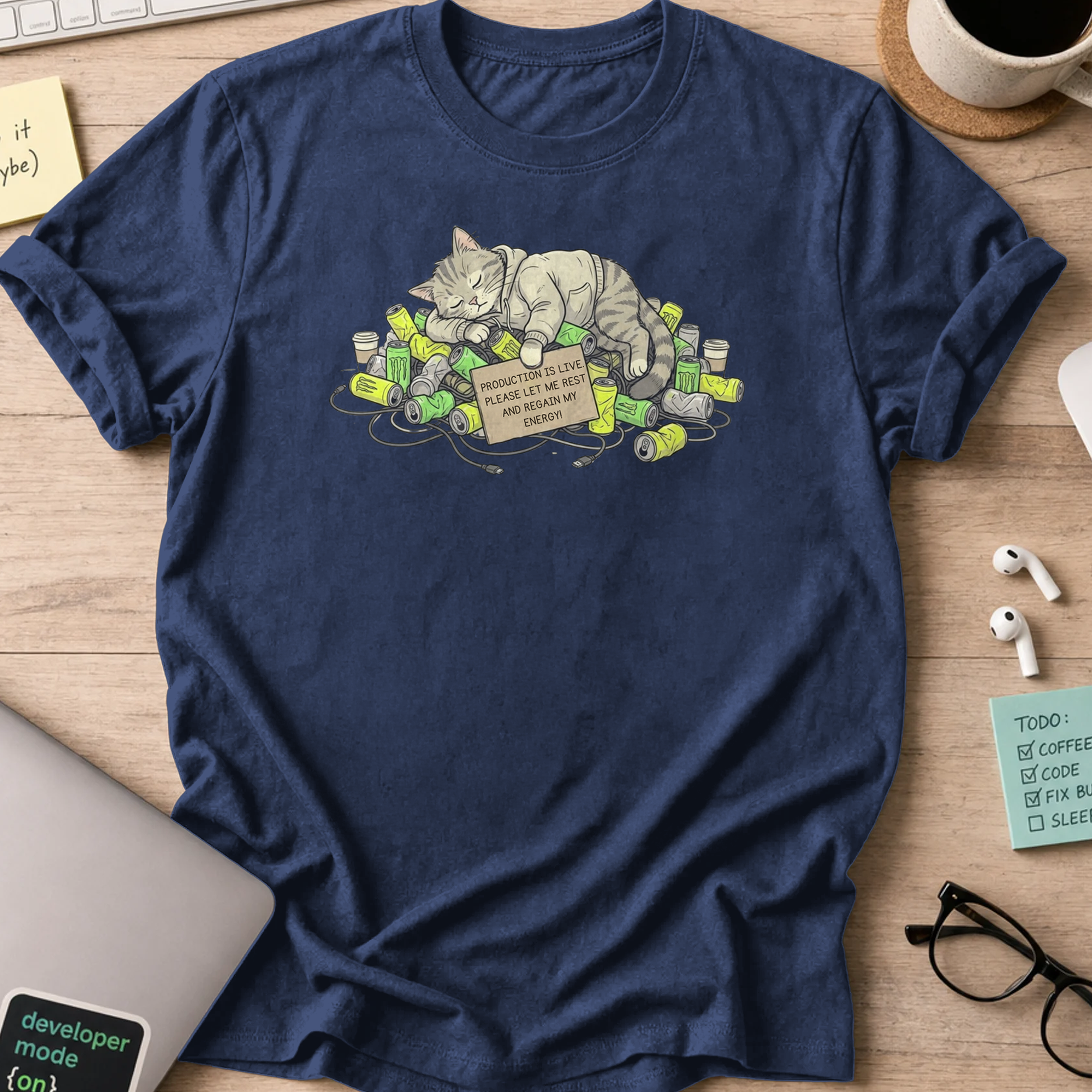 resting cat engineer shirt - Navy