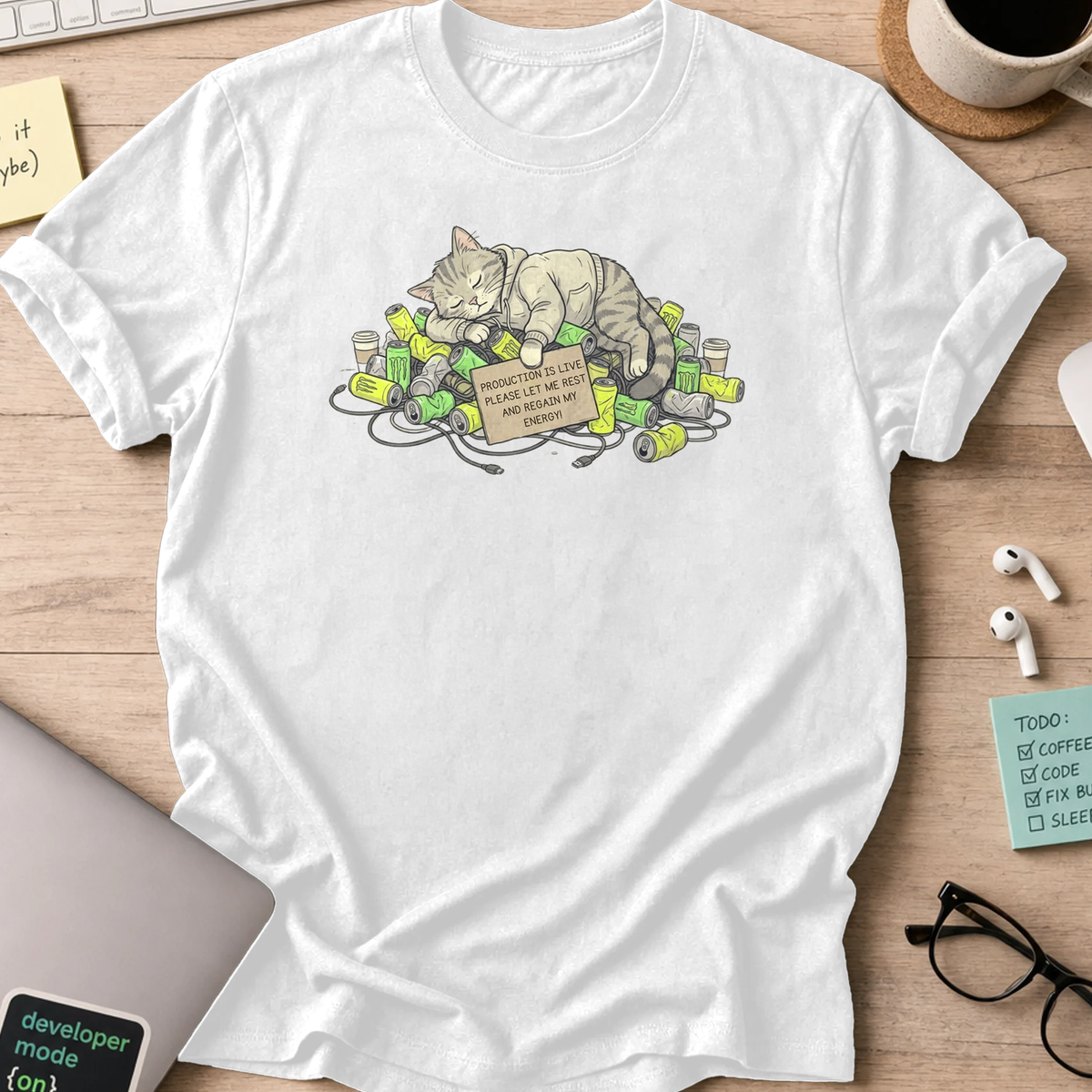 resting cat engineer shirt - White