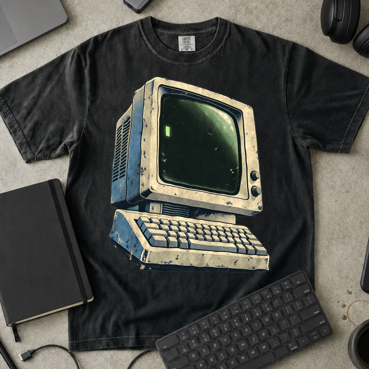 Retro Computer Shirt — Black Comfort Colors 1717 flat lay