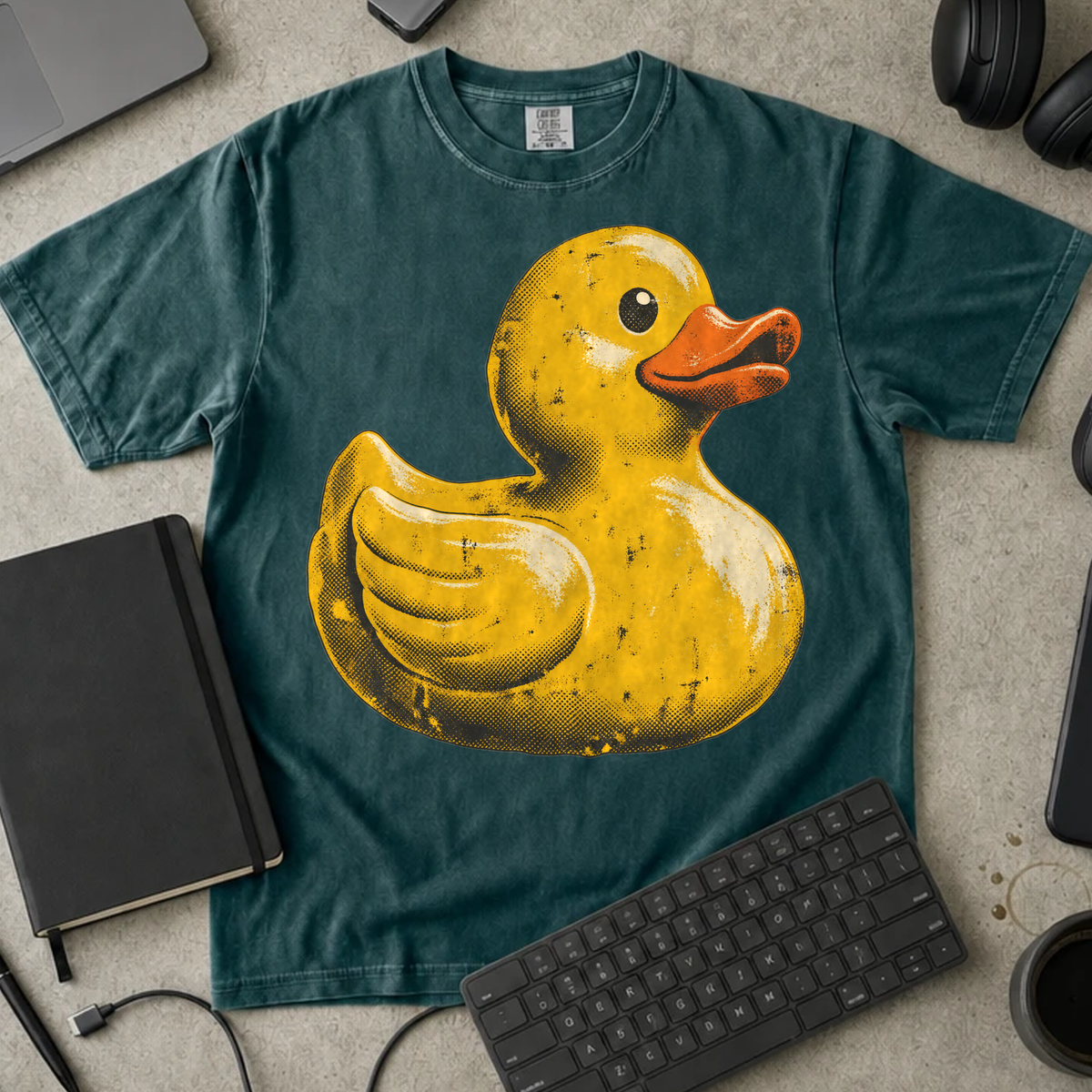 Rubber Duck Shirt — Blue Spruce Comfort Colors 1717 flat lay