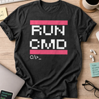 Black programmer shirt printed with "RUN CMD", a funny developer t-shirt and coding gift for software engineers and coders.