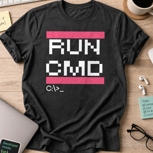 Black programmer shirt printed with "RUN CMD", a funny developer t-shirt and coding gift for software engineers and coders.