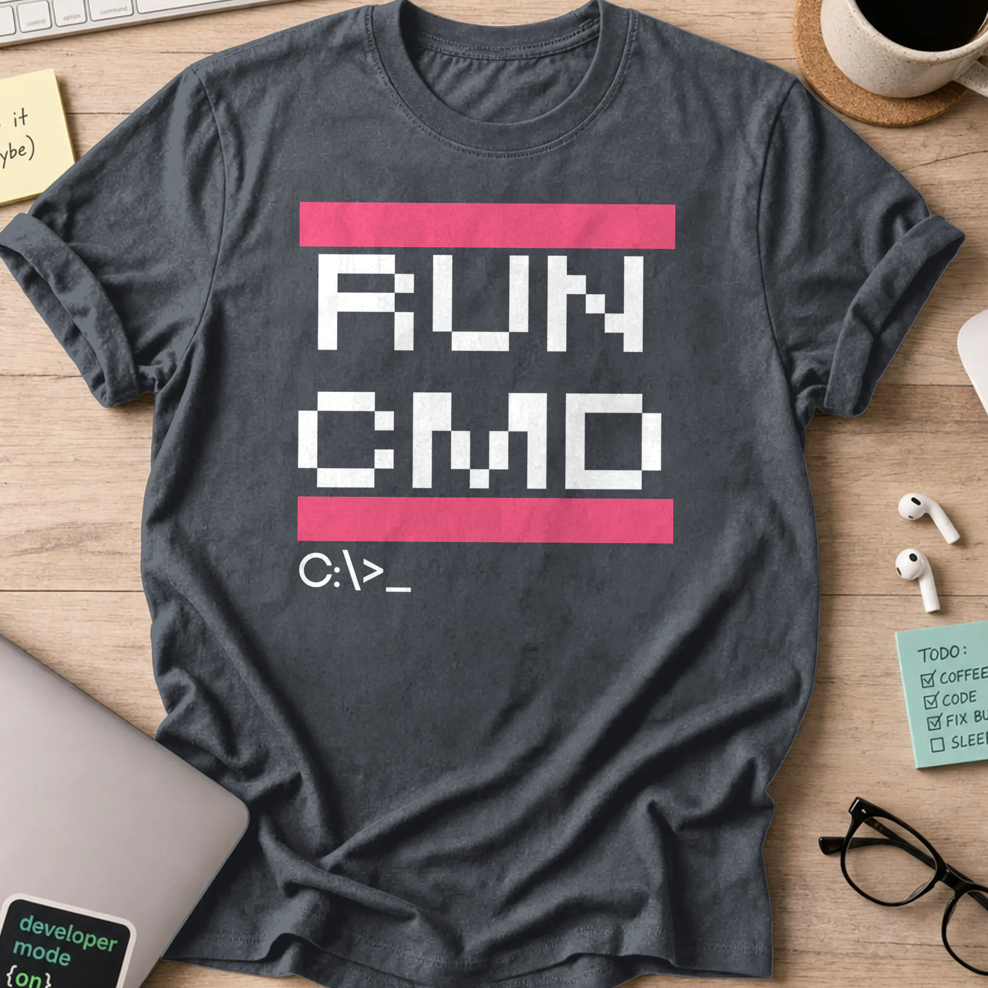 Dark Heather Grey programmer shirt printed with "RUN CMD", a funny developer t-shirt and coding gift for software engineers and coders.