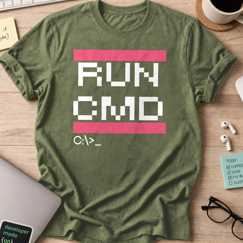 Military Green programmer shirt printed with "RUN CMD", a funny developer t-shirt and coding gift for software engineers and coders.