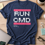 Navy programmer shirt printed with "RUN CMD", a funny developer t-shirt and coding gift for software engineers and coders.