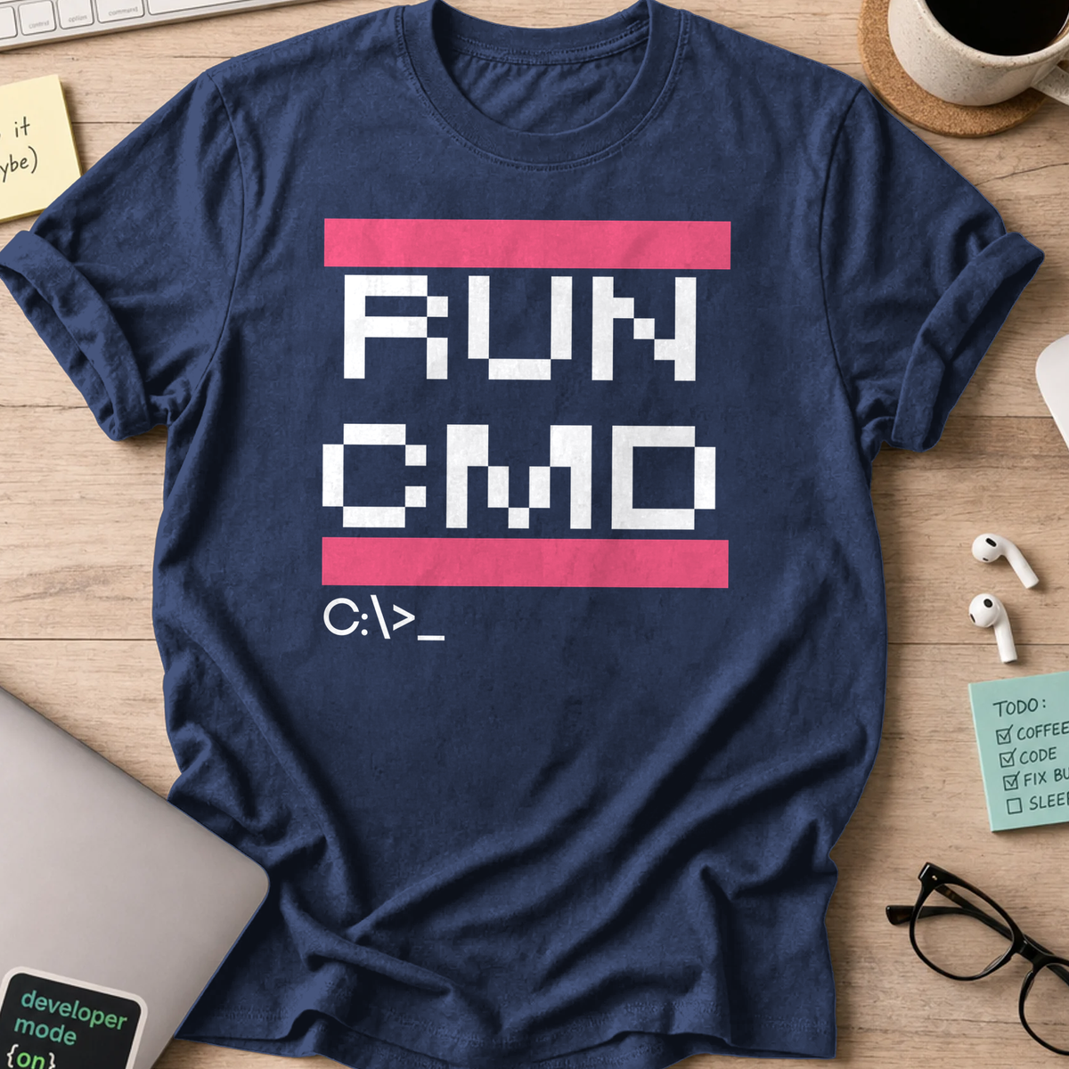 Navy programmer shirt printed with "RUN CMD", a funny developer t-shirt and coding gift for software engineers and coders.