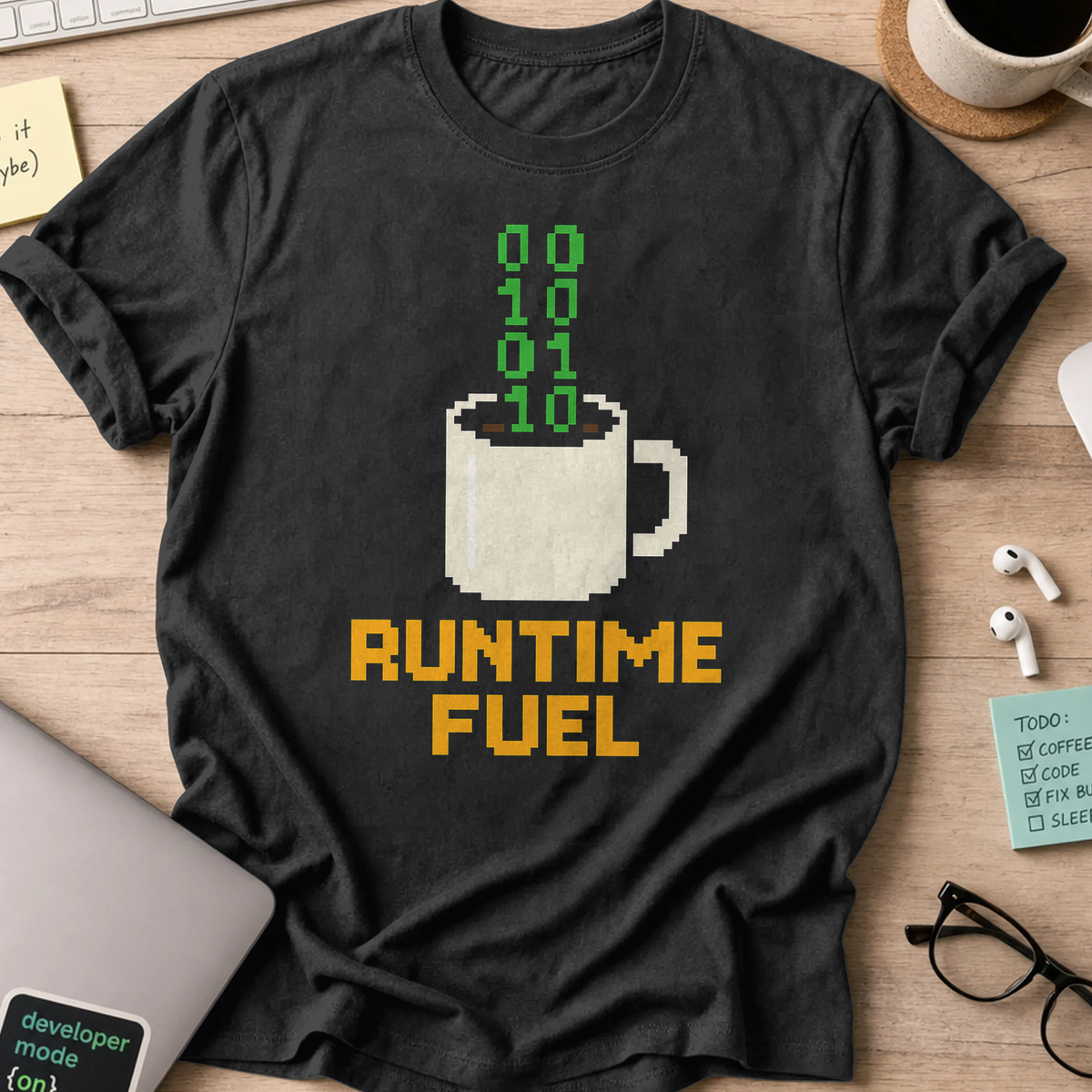 Black programmer shirt printed with "runtime fuel", a funny developer t-shirt and coding gift for software engineers and coders.
