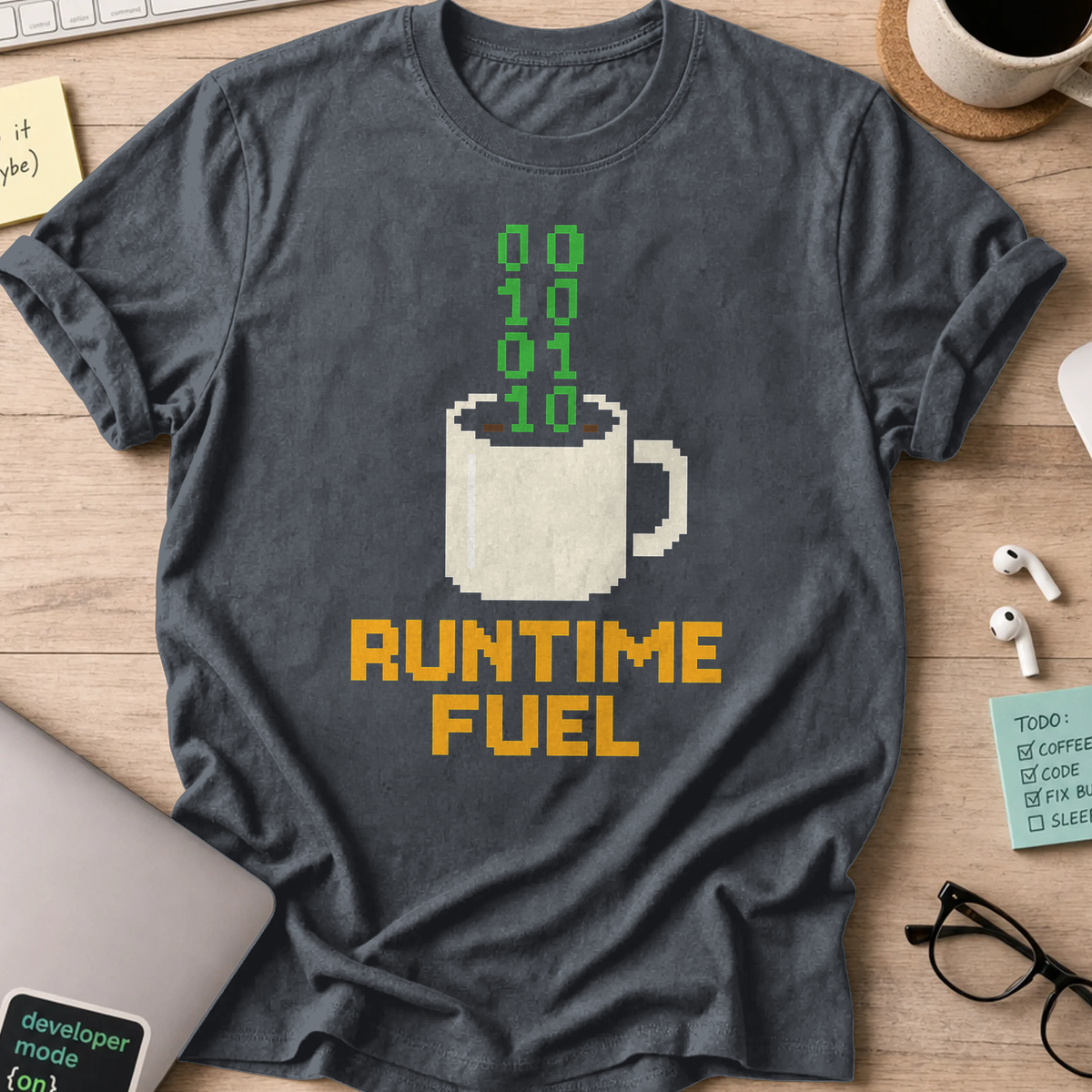 Dark Heather Grey programmer shirt printed with "runtime fuel", a funny developer t-shirt and coding gift for software engineers and coders.