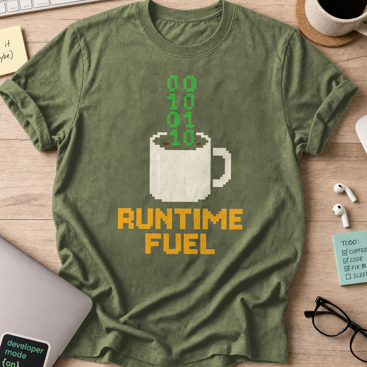 Military Green programmer shirt printed with "runtime fuel", a funny developer t-shirt and coding gift for software engineers and coders.