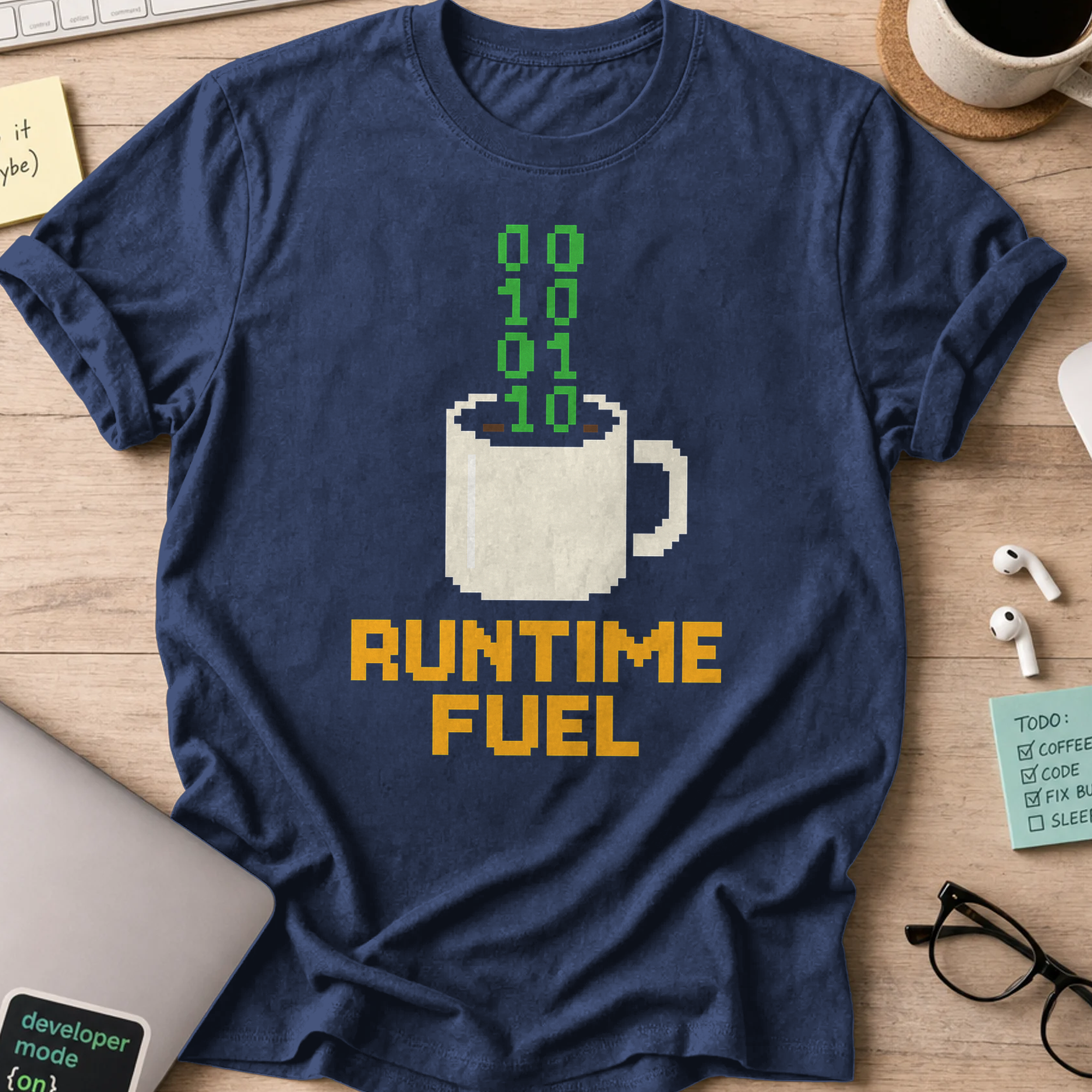 Navy programmer shirt printed with "runtime fuel", a funny developer t-shirt and coding gift for software engineers and coders.