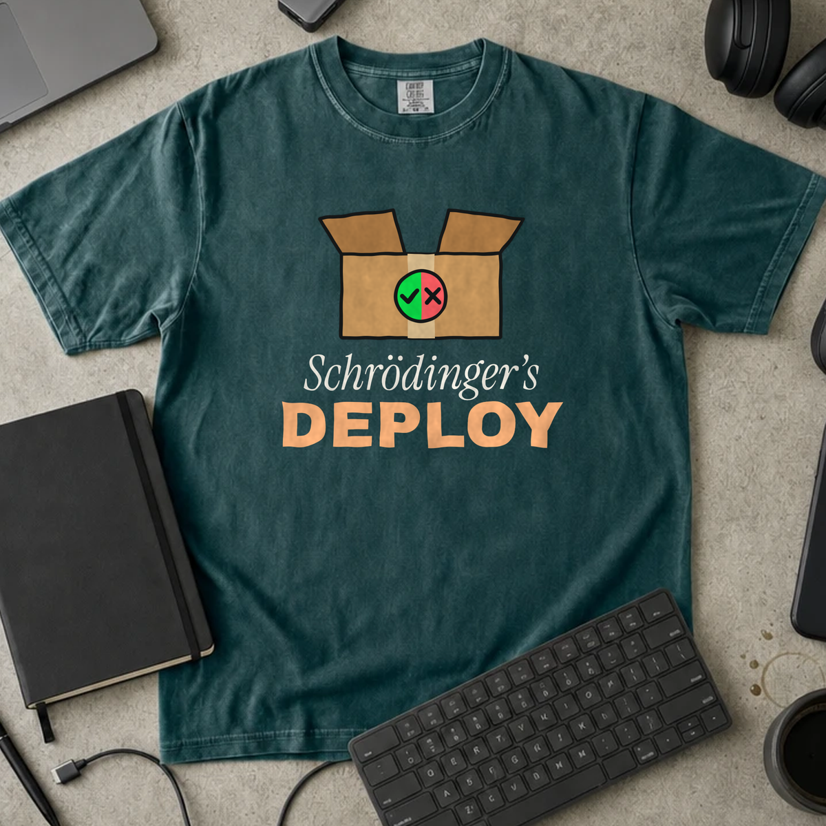 Schrödinger's Deploy Shirt — Blue Spruce Comfort Colors 1717 flat lay