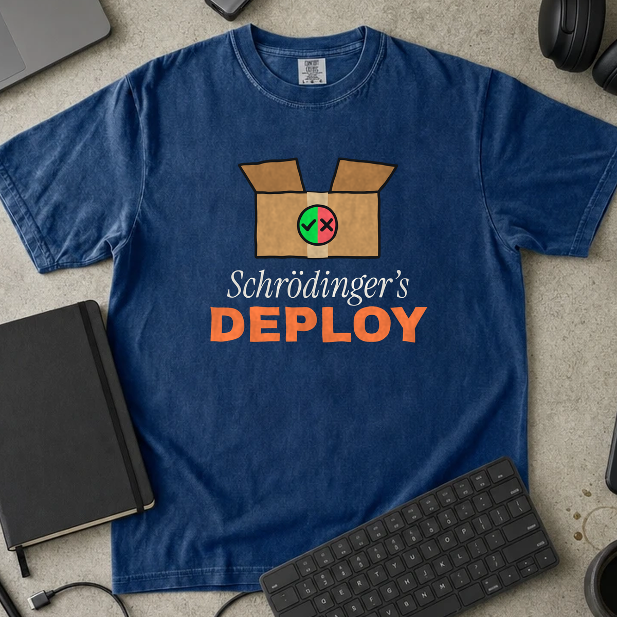Schrödinger's Deploy Shirt — True Navy Comfort Colors 1717 flat lay