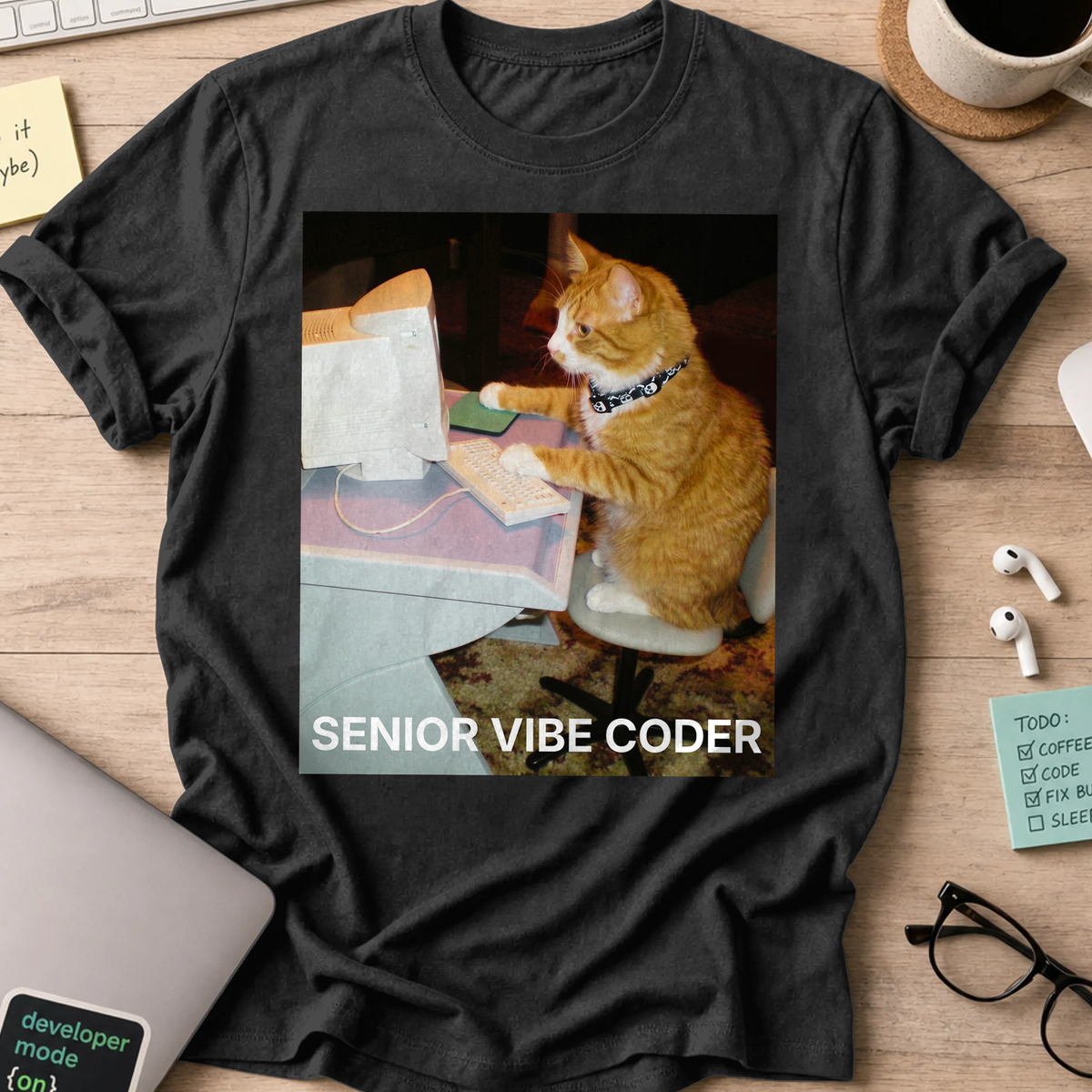 Senior Vibe Coder Cat Shirt - Black
