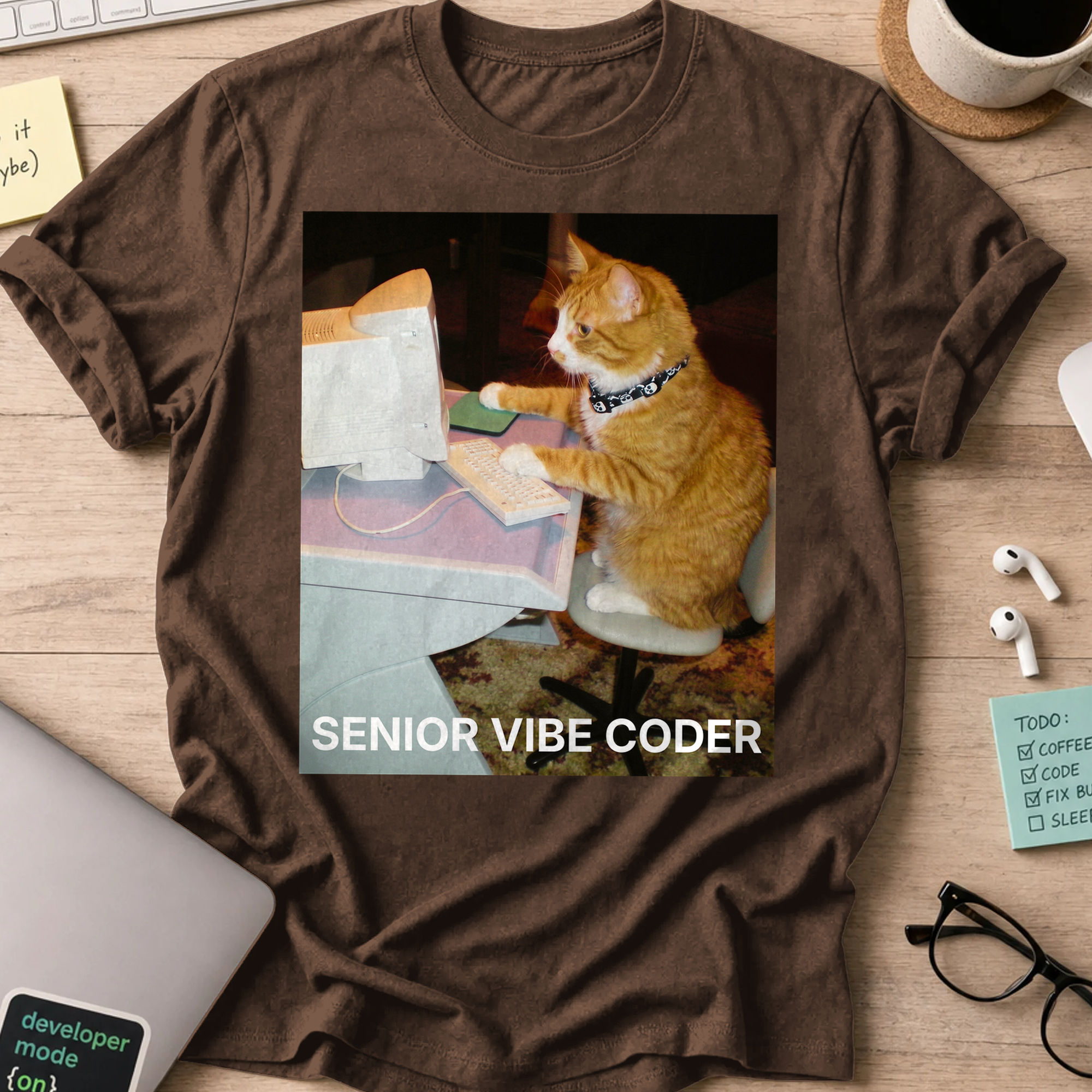 Senior Vibe Coder Cat Shirt - Dark Chocolate
