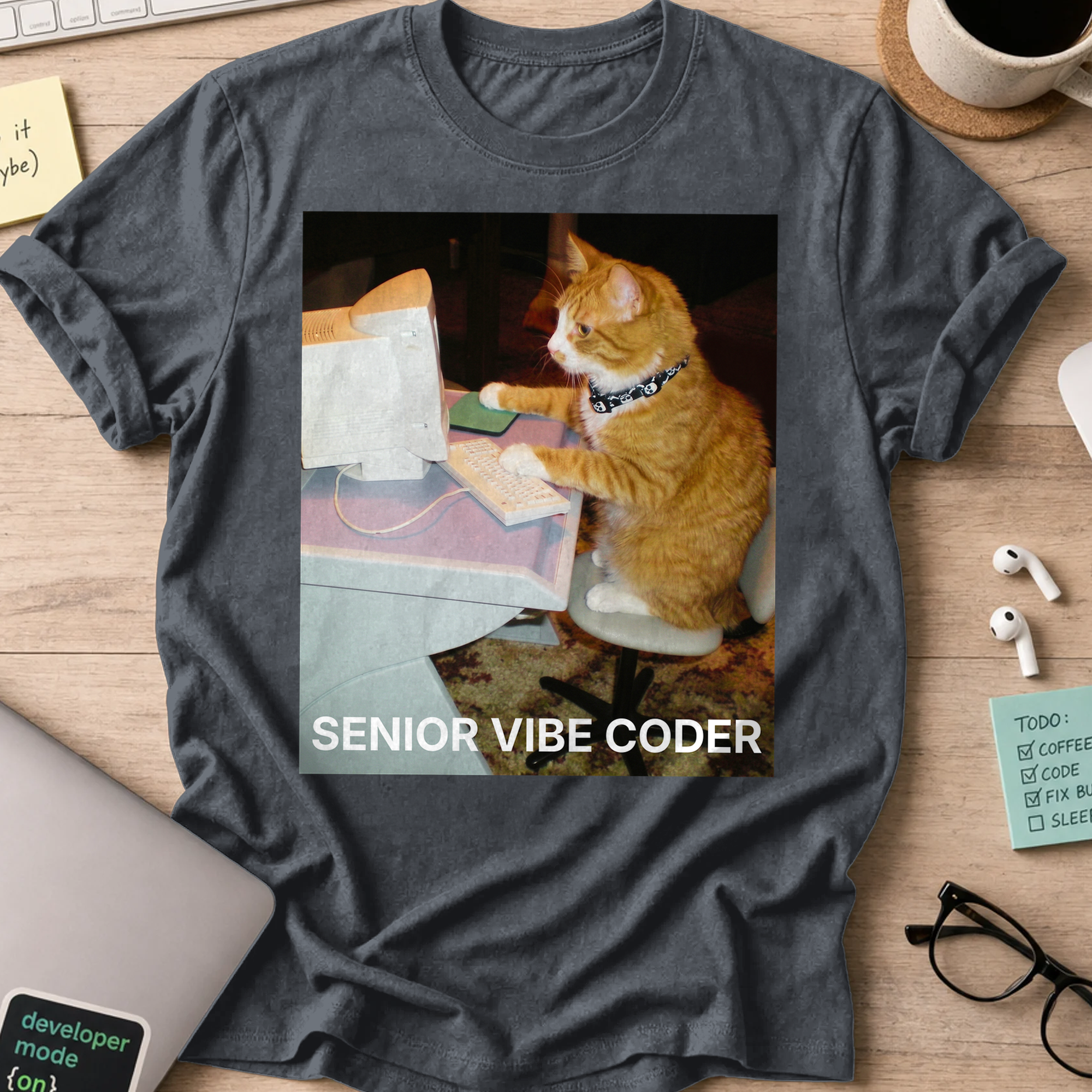Senior Vibe Coder Cat Shirt - Dark Heather