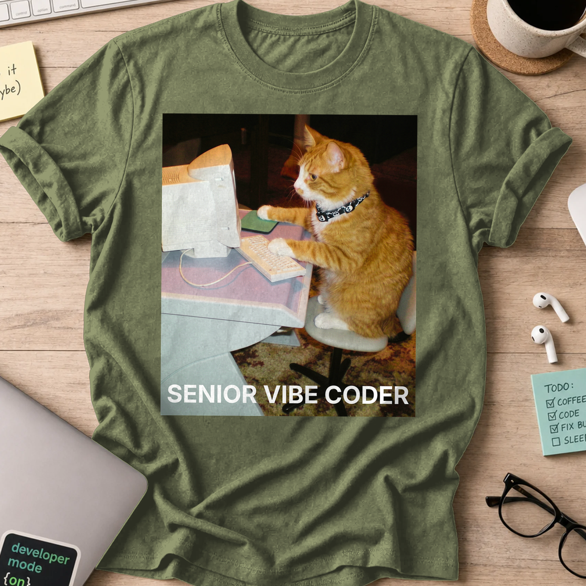 Senior Vibe Coder Cat Shirt - Military Green