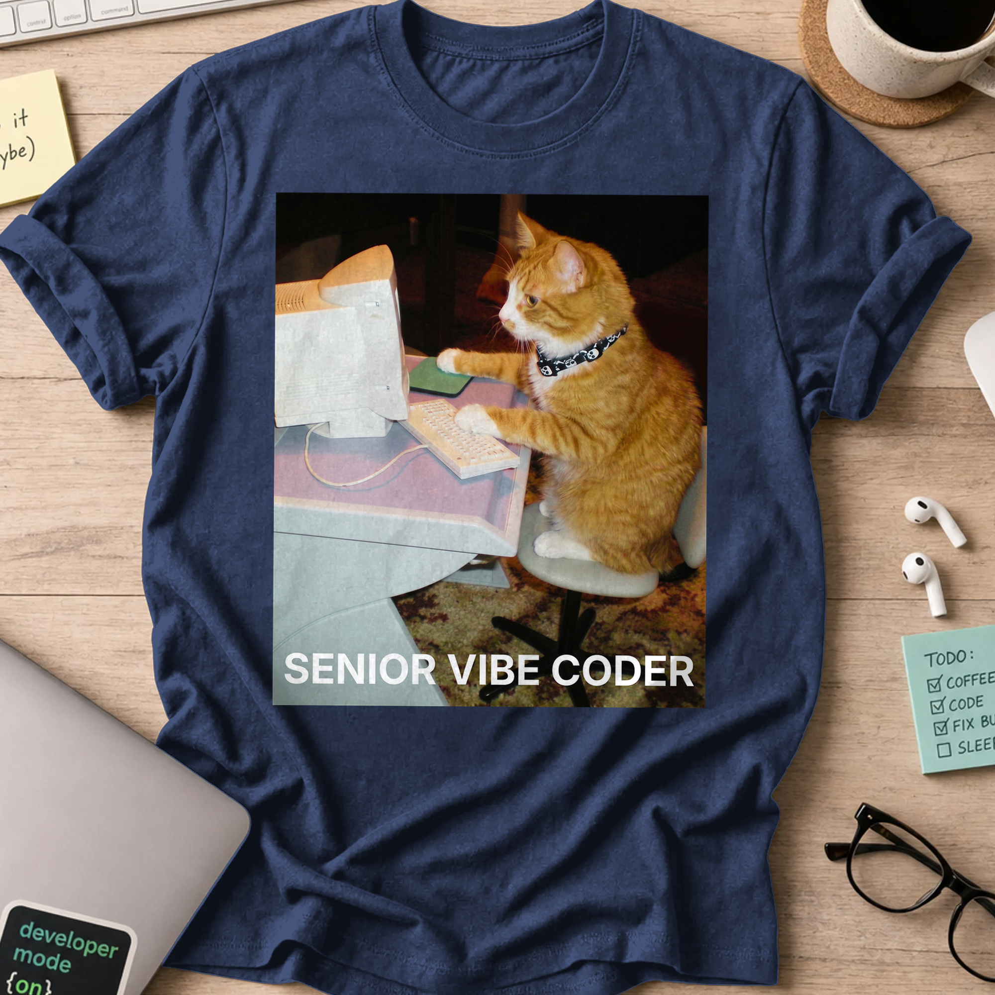 Senior Vibe Coder Cat Shirt - Navy