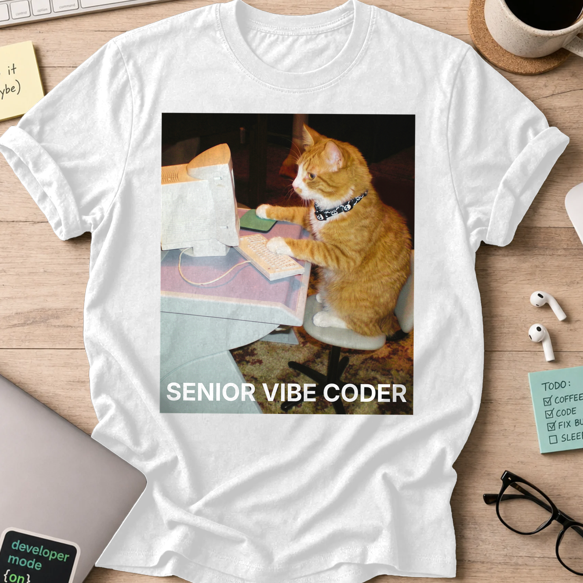 Senior Vibe Coder Cat Shirt - White