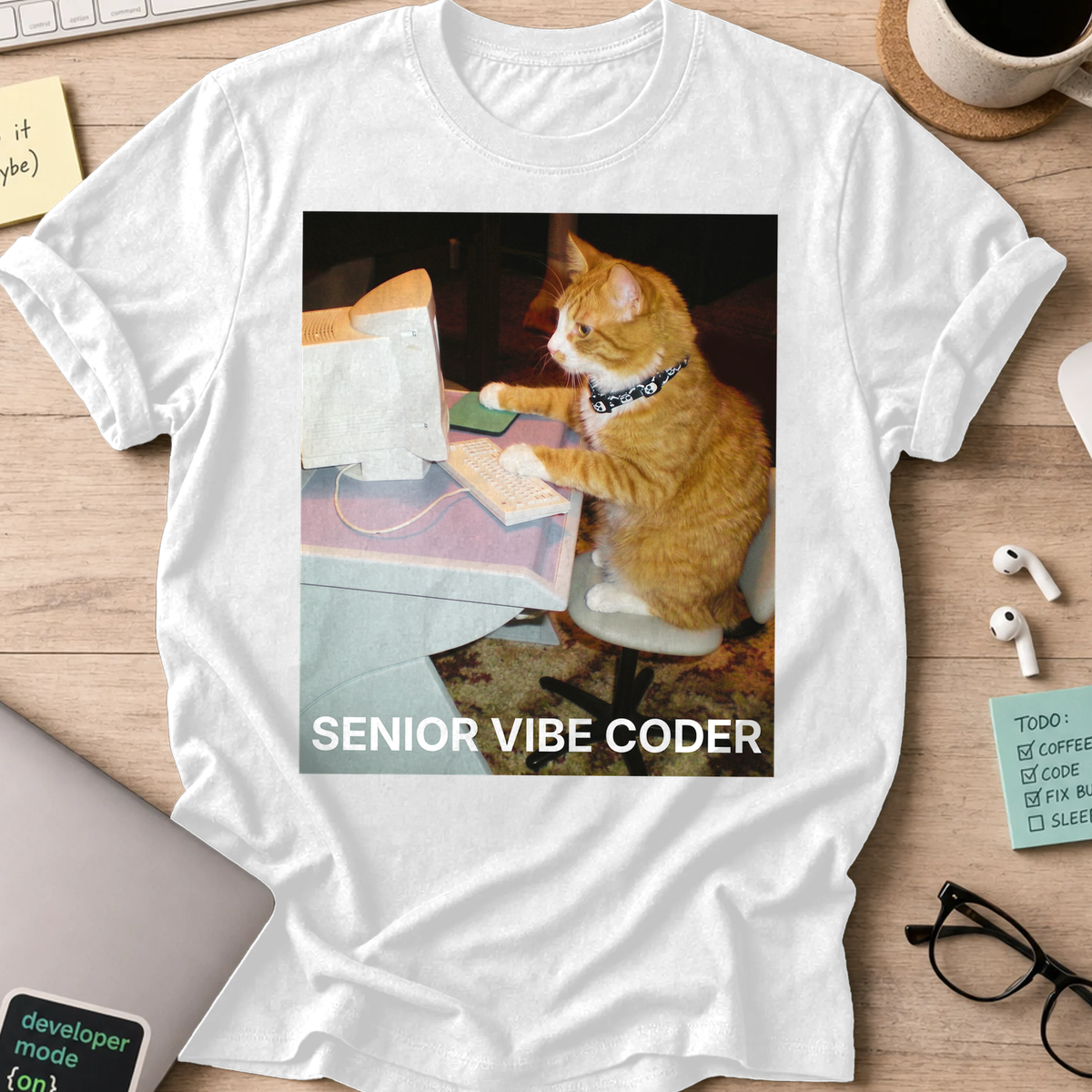Senior Vibe Coder Cat Shirt - White
