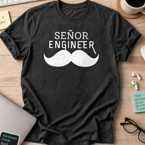 Black programmer shirt printed with "Senyor Engineer", a funny developer t-shirt and coding gift for software engineers and coders.
