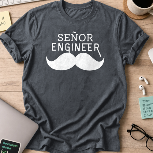 Dark Heather Grey programmer shirt printed with "Senyor Engineer", a funny developer t-shirt and coding gift for software engineers and coders.