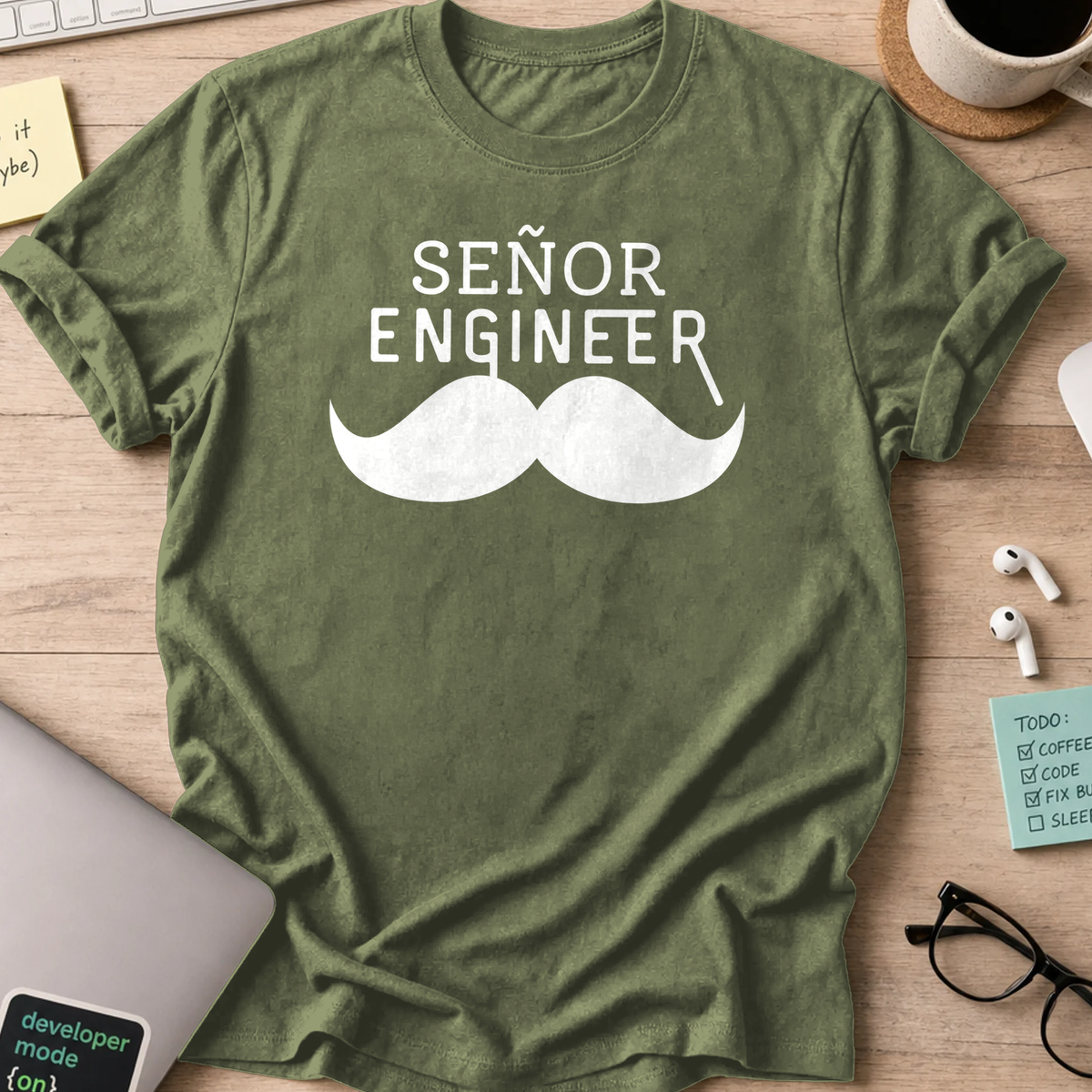 Military Green programmer shirt printed with "Senyor Engineer", a funny developer t-shirt and coding gift for software engineers and coders.