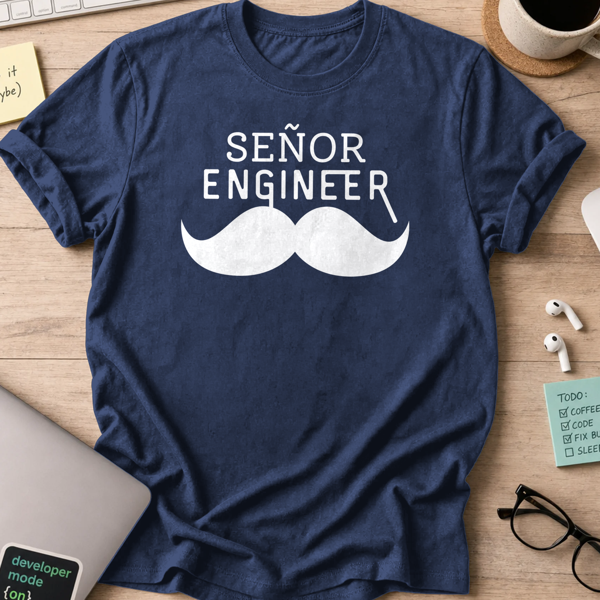 Navy programmer shirt printed with "Senyor Engineer", a funny developer t-shirt and coding gift for software engineers and coders.