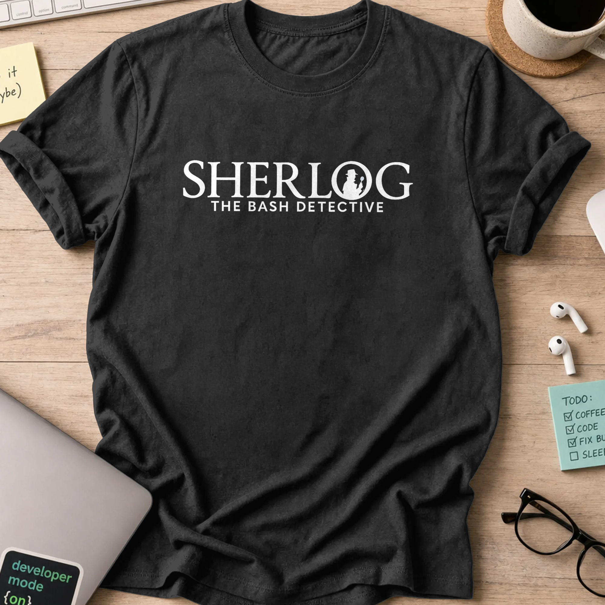 Black devops shirt printed with "Sherlog Bash Detective", a funny programmer t-shirt and coding gift for software engineers and DevOps teams.